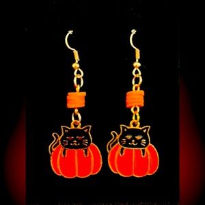 Handcrafted cat and pumpkin earrings